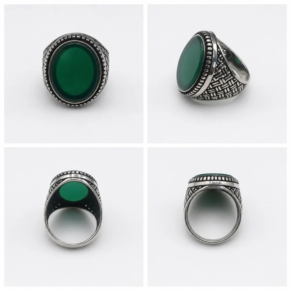 925 Sterling Silver Green Stone Signet Men’s Ring Size 9